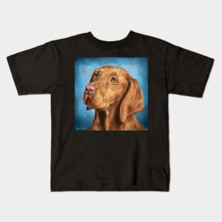 Painting of a Curious Hungarian Vizsla on a Blue Background Kids T-Shirt